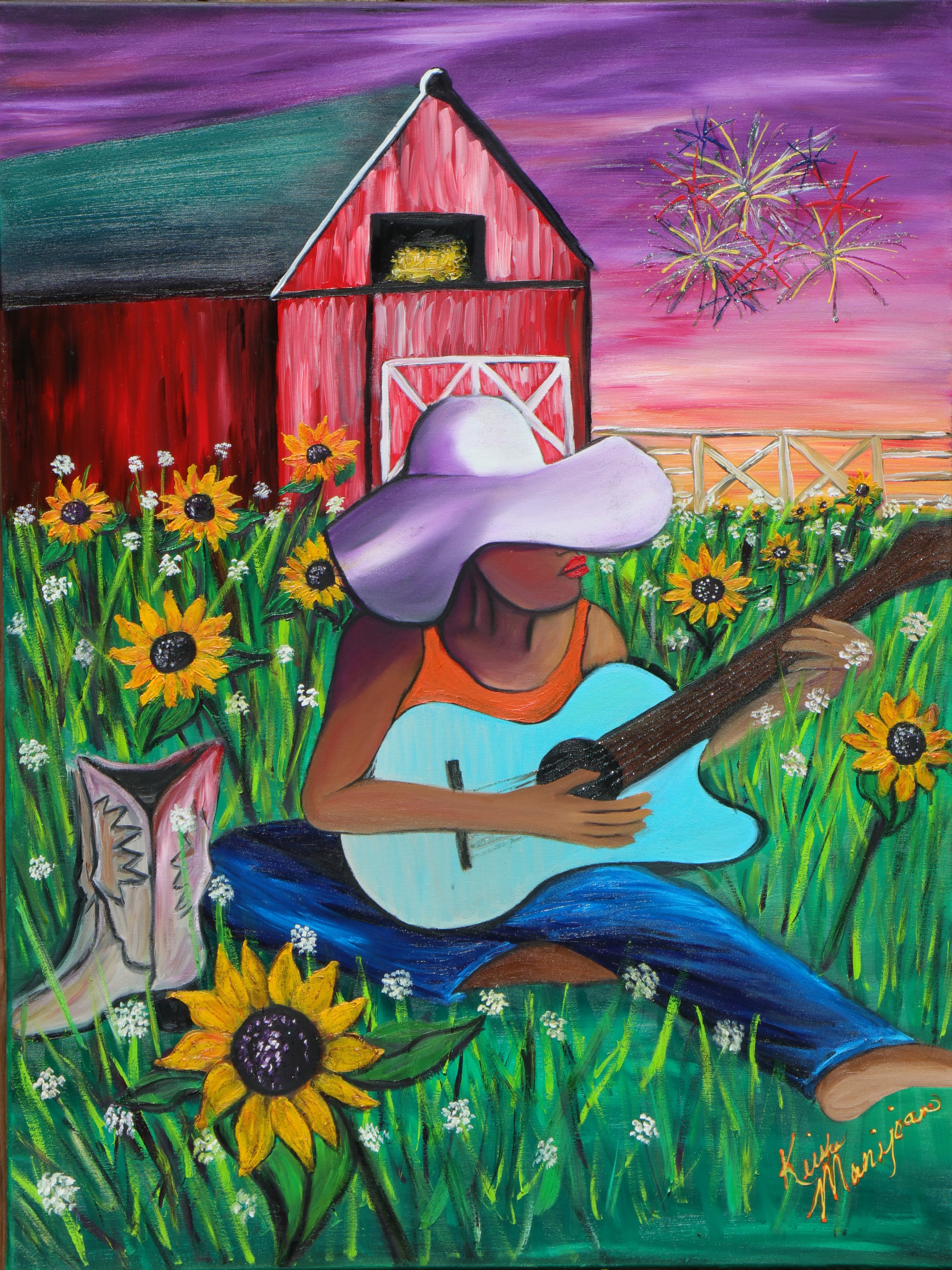 LA's Texas — original painting by Manijean, woman playing guitar in sunflower field